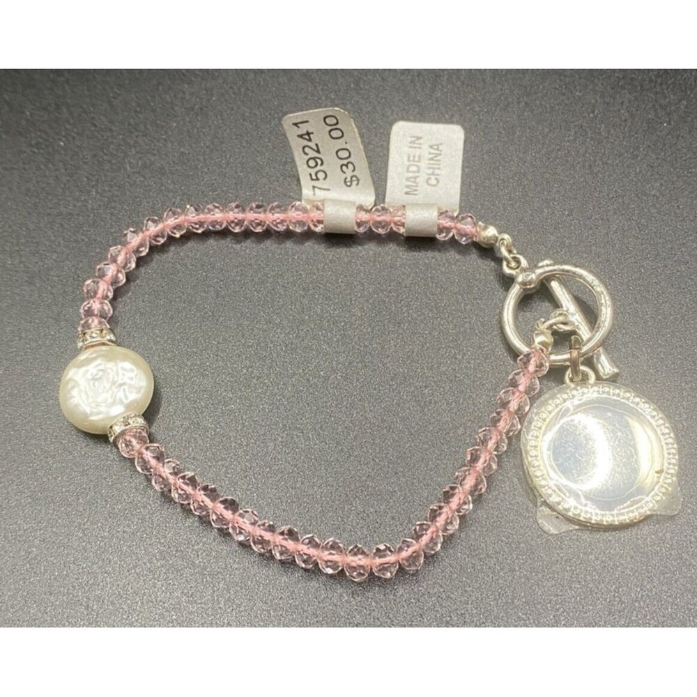 Toggle Bracelet NWT Pink Faceted Crystal Faux Coin Pearl 3/4" Charm Barbiecore - Picture 2 of 12